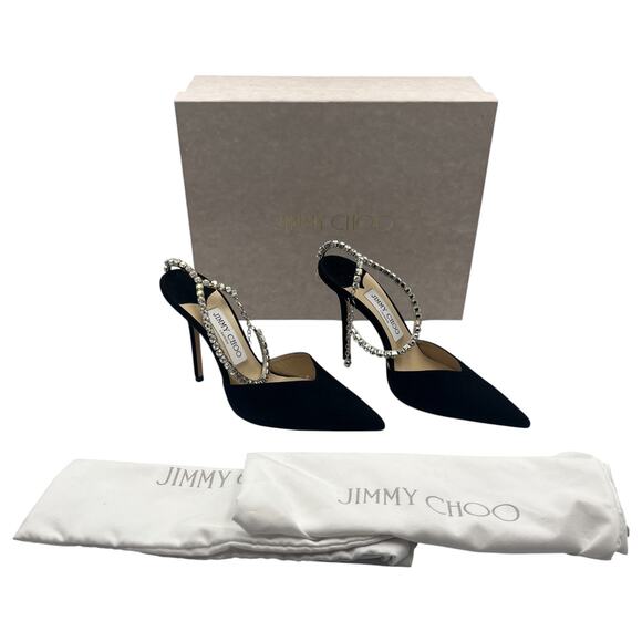 Jimmy Choo Saeda 100 Crystal Embellished Suede Pointed Toe Pumps Black 37 / 7 - Picture 2 of 12